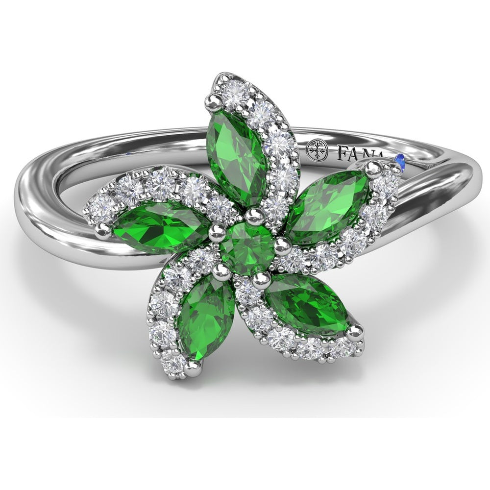 Floral Ring with Round and Marquise Emeralds and Diamond Halos by Fana - 0.69 Carat Total Emerald Weight