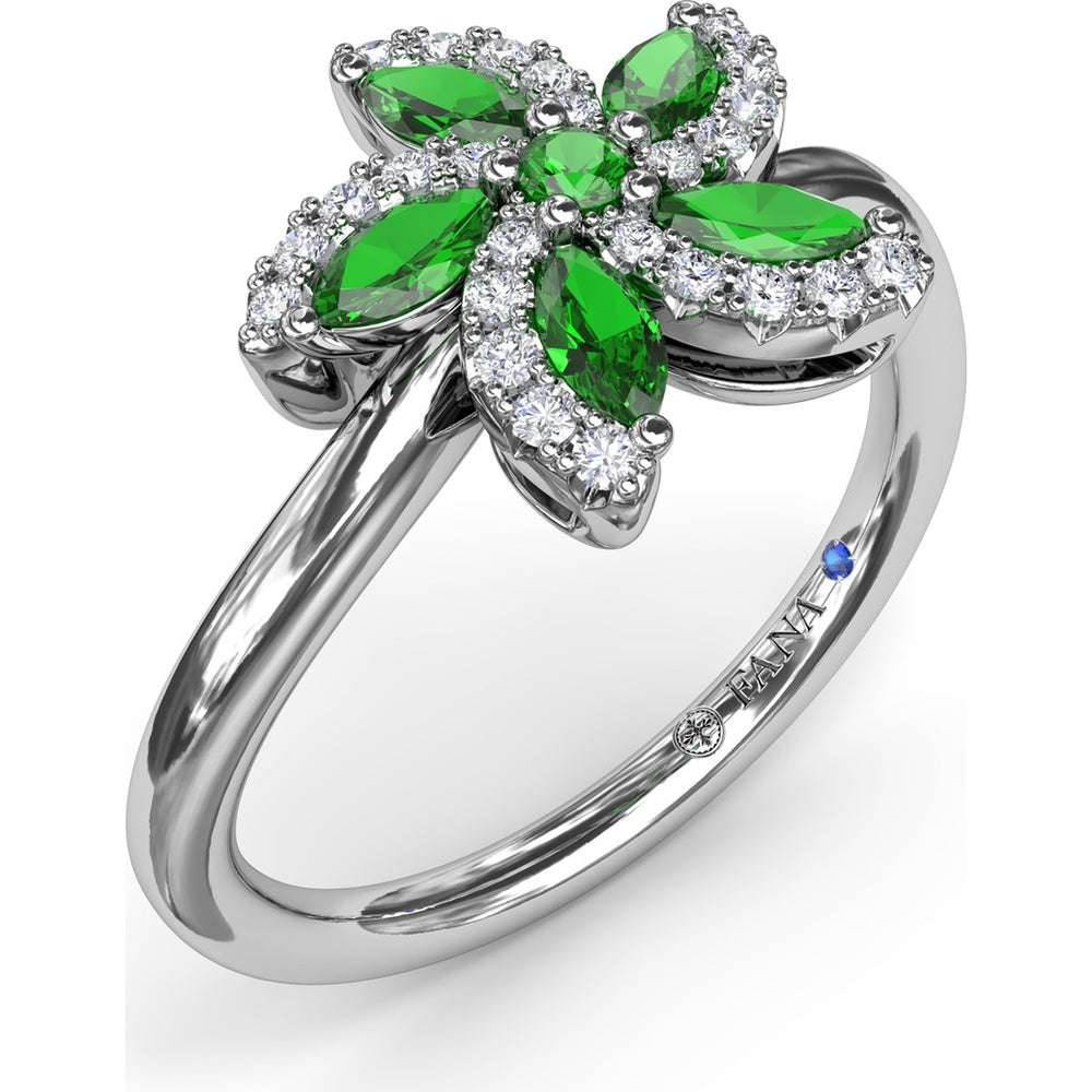 Floral Ring with Round and Marquise Emeralds and Diamond Halos by Fana - 0.69 Carat Total Emerald Weight