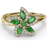 Floral Ring with Round and Marquise Emeralds and Diamond Halos by Fana - 0.69 Carat Total Emerald Weight
