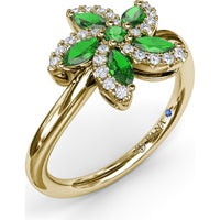 Floral Ring with Round and Marquise Emeralds and Diamond Halos by Fana - 0.69 Carat Total Emerald Weight
