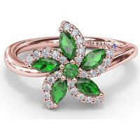 Floral Ring with Round and Marquise Emeralds and Diamond Halos by Fana - 0.69 Carat Total Emerald Weight