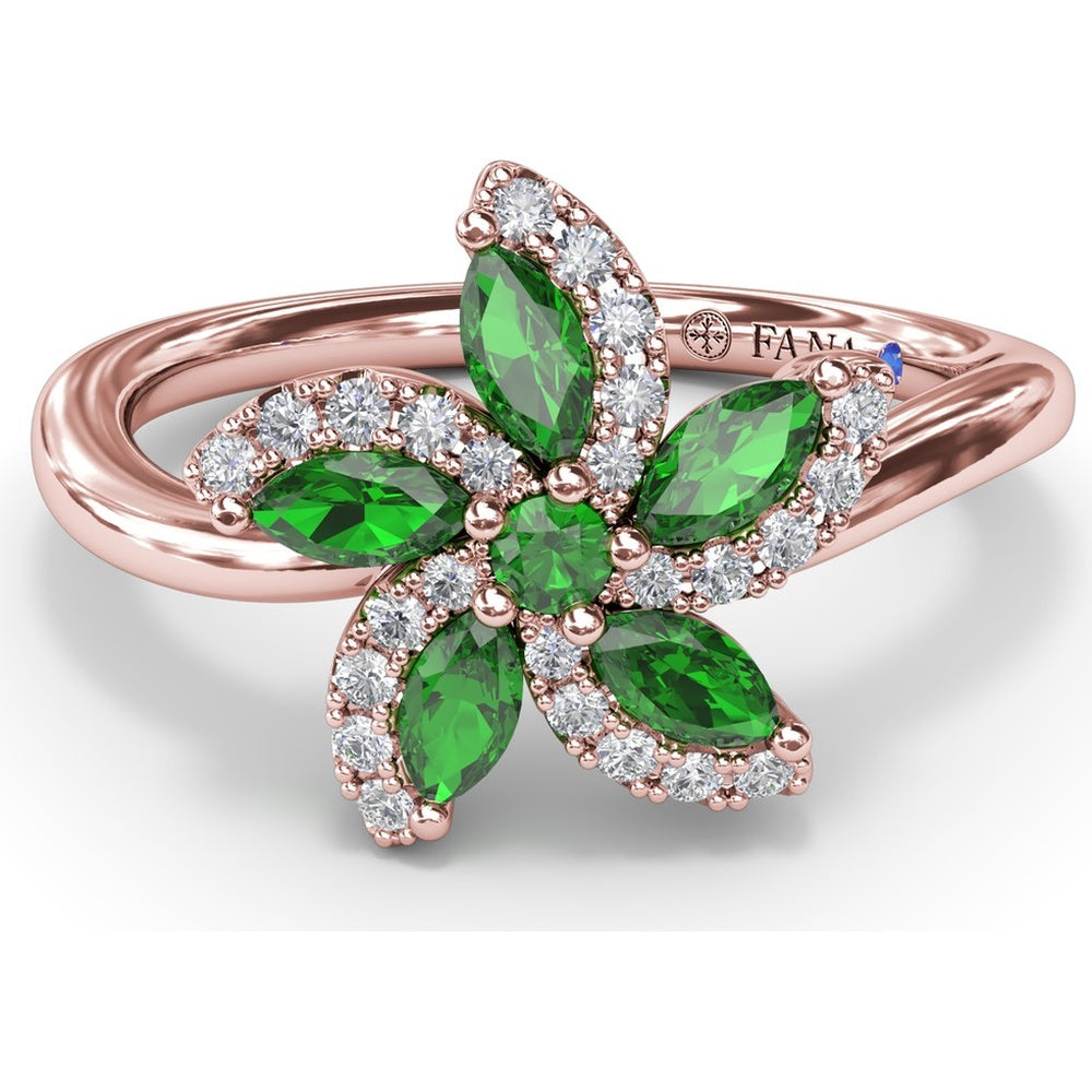 Floral Ring with Round and Marquise Emeralds and Diamond Halos by Fana - 0.69 Carat Total Emerald Weight