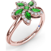 Floral Ring with Round and Marquise Emeralds and Diamond Halos by Fana - 0.69 Carat Total Emerald Weight