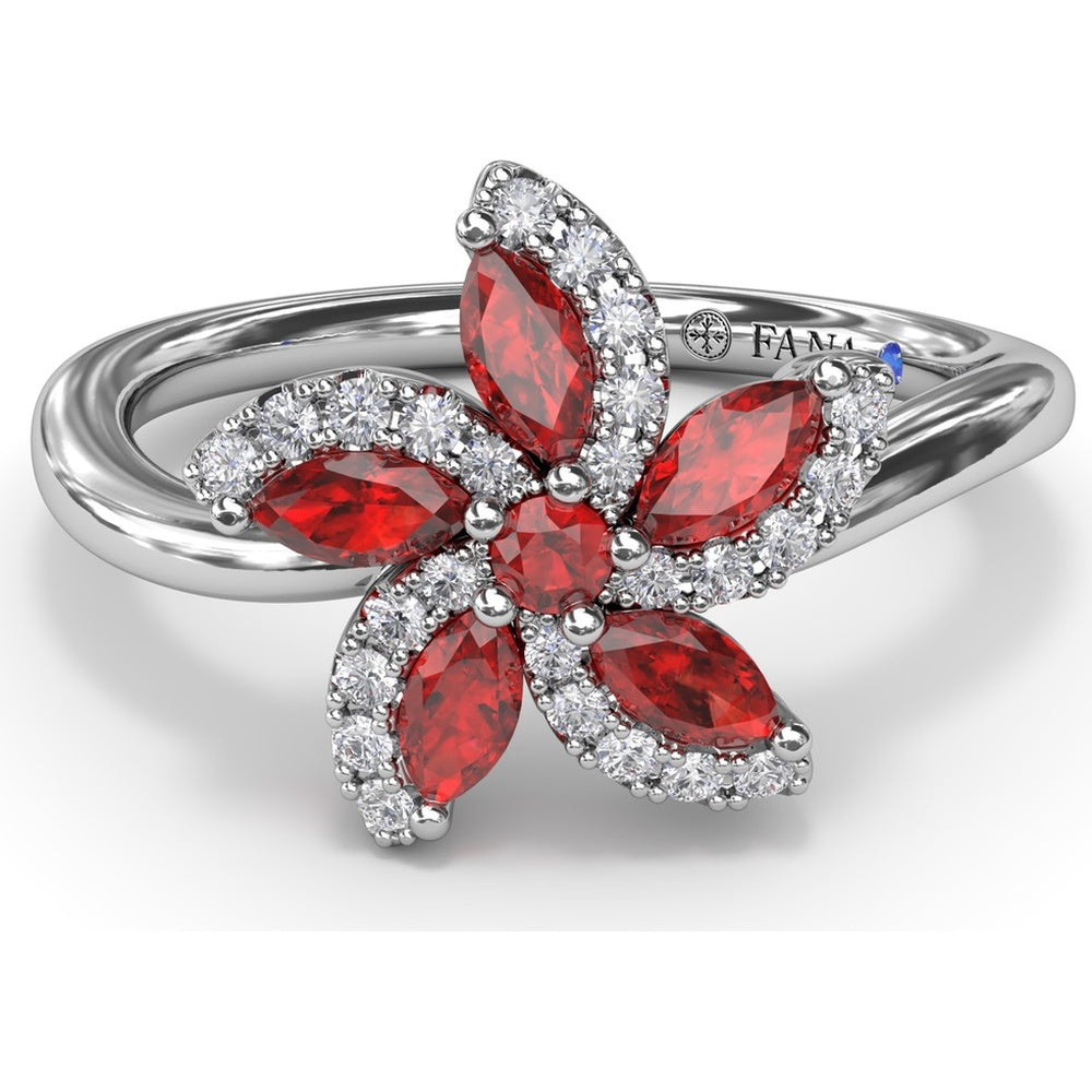 Floral Ring with Round and Marquise Rubies and Diamond Halo by Fana - 0.85 Carat Total Gemstone Weight