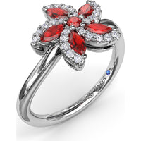 Floral Ring with Round and Marquise Rubies and Diamond Halo by Fana - 0.85 Carat Total Gemstone Weight