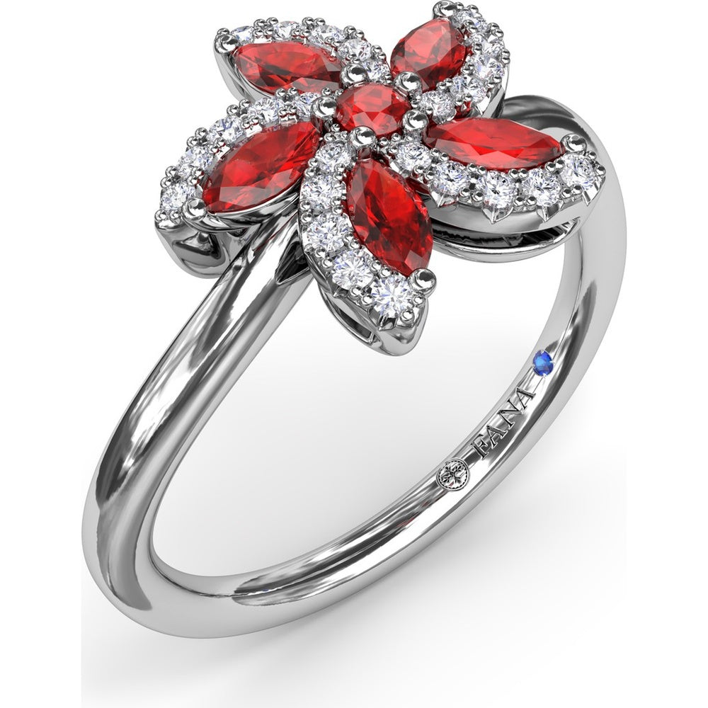Floral Ring with Round and Marquise Rubies and Diamond Halo by Fana - 0.85 Carat Total Gemstone Weight