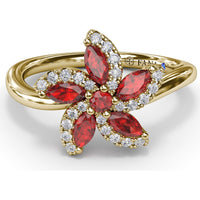 Floral Ring with Round and Marquise Rubies and Diamond Halo by Fana - 0.85 Carat Total Gemstone Weight