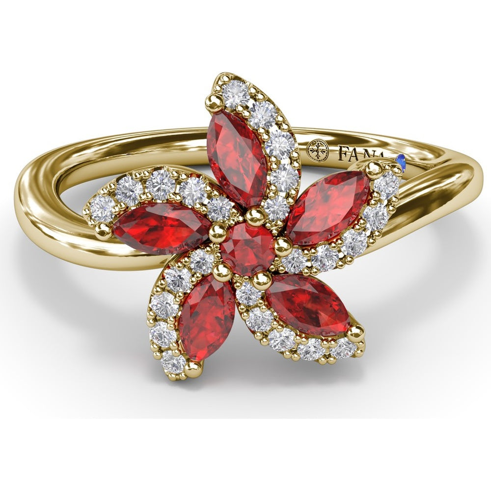 Floral Ring with Round and Marquise Rubies and Diamond Halo by Fana - 0.85 Carat Total Gemstone Weight