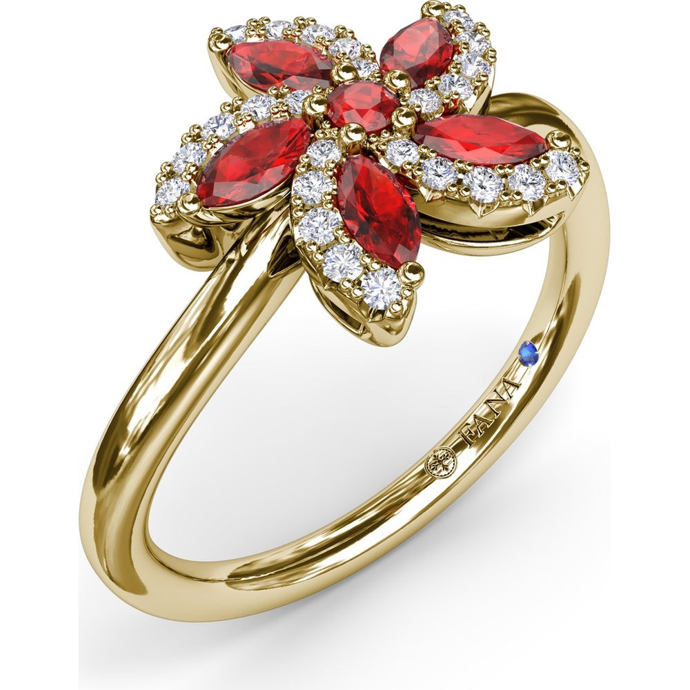 Floral Ring with Round and Marquise Rubies and Diamond Halo by Fana - 0.85 Carat Total Gemstone Weight