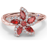Floral Ring with Round and Marquise Rubies and Diamond Halo by Fana - 0.85 Carat Total Gemstone Weight