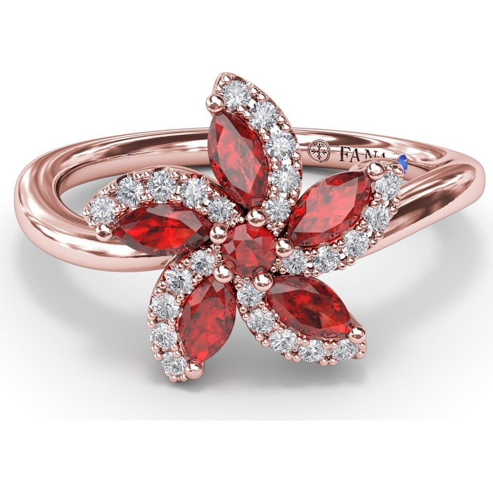 Floral Ring with Round and Marquise Rubies and Diamond Halo by Fana - 0.85 Carat Total Gemstone Weight