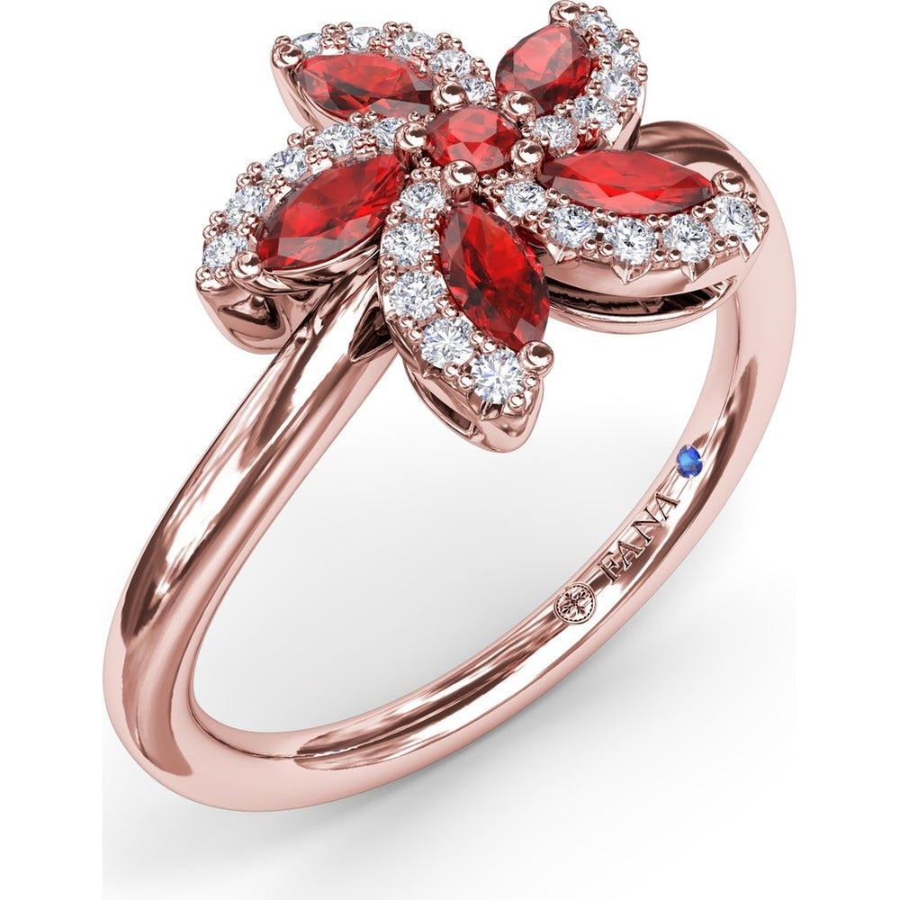 Floral Ring with Round and Marquise Rubies and Diamond Halo by Fana - 0.85 Carat Total Gemstone Weight