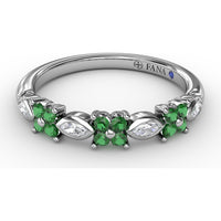 Floral Ring with Round Emeralds and Bezel-Set Marquise Diamonds by Fana - 0.34 Carat Total Diamond Weight