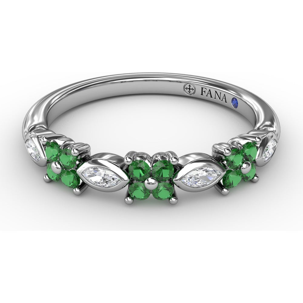 Floral Ring with Round Emeralds and Bezel-Set Marquise Diamonds by Fana - 0.34 Carat Total Diamond Weight