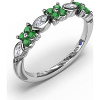 Floral Ring with Round Emeralds and Bezel-Set Marquise Diamonds by Fana - 0.34 Carat Total Diamond Weight