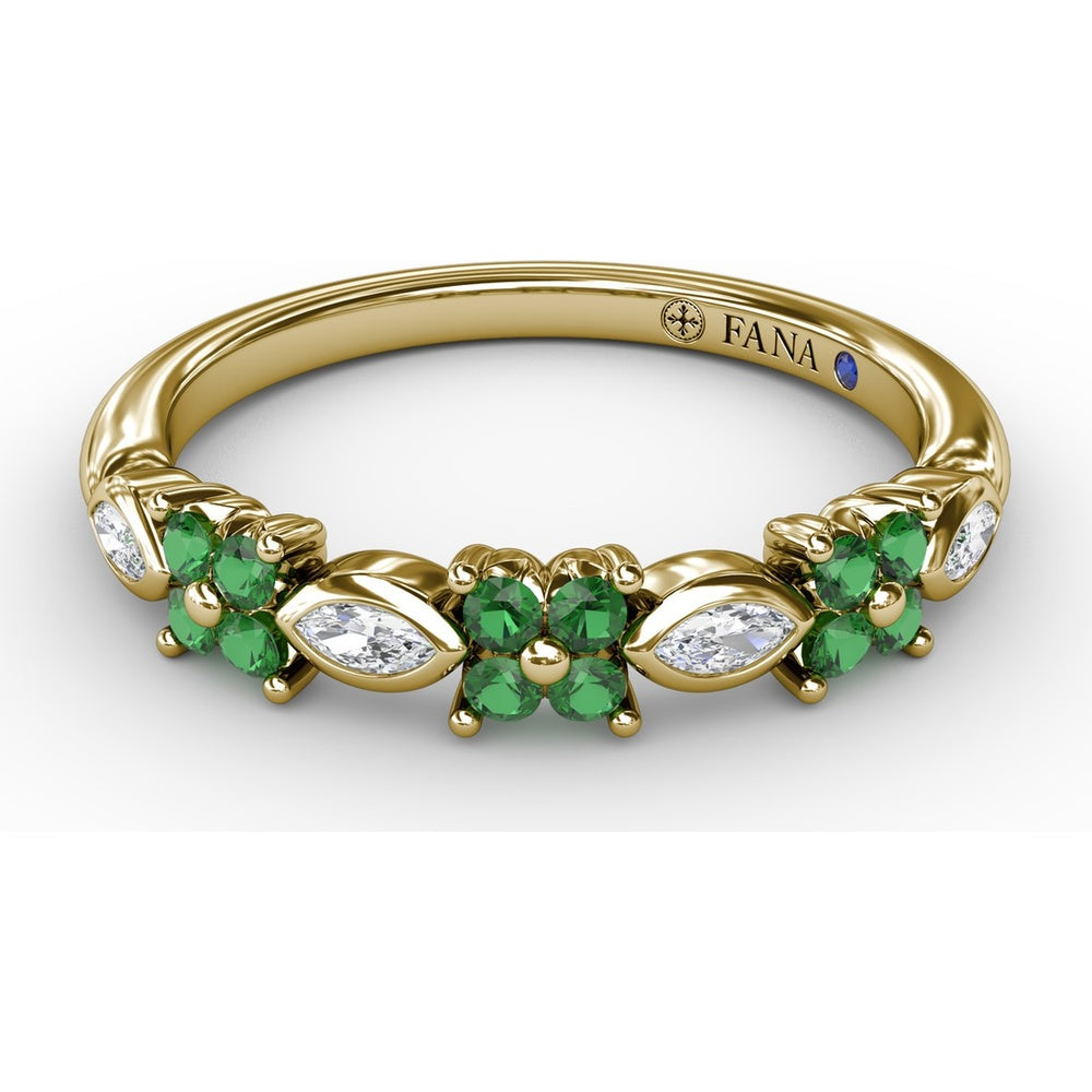 Floral Ring with Round Emeralds and Bezel-Set Marquise Diamonds by Fana - 0.34 Carat Total Diamond Weight