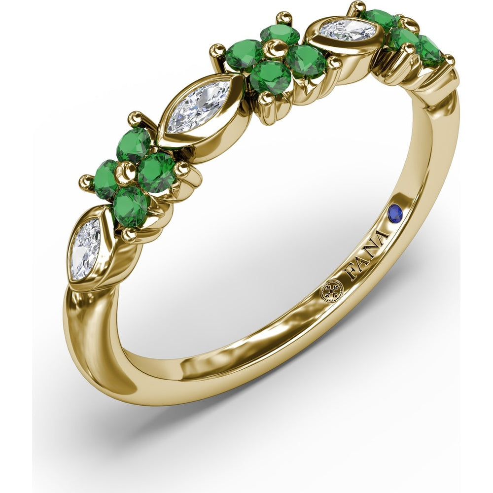 Floral Ring with Round Emeralds and Bezel-Set Marquise Diamonds by Fana - 0.34 Carat Total Diamond Weight