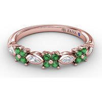 Floral Ring with Round Emeralds and Bezel-Set Marquise Diamonds by Fana - 0.34 Carat Total Diamond Weight