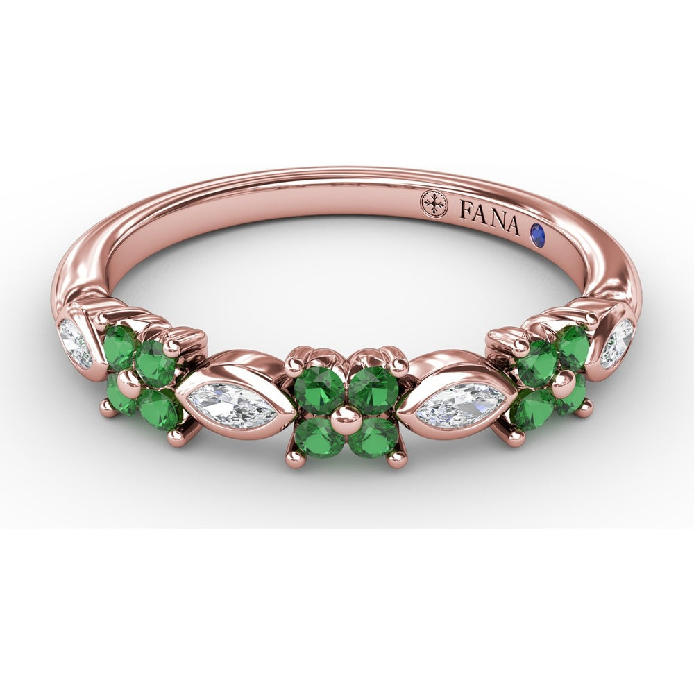 Floral Ring with Round Emeralds and Bezel-Set Marquise Diamonds by Fana - 0.34 Carat Total Diamond Weight