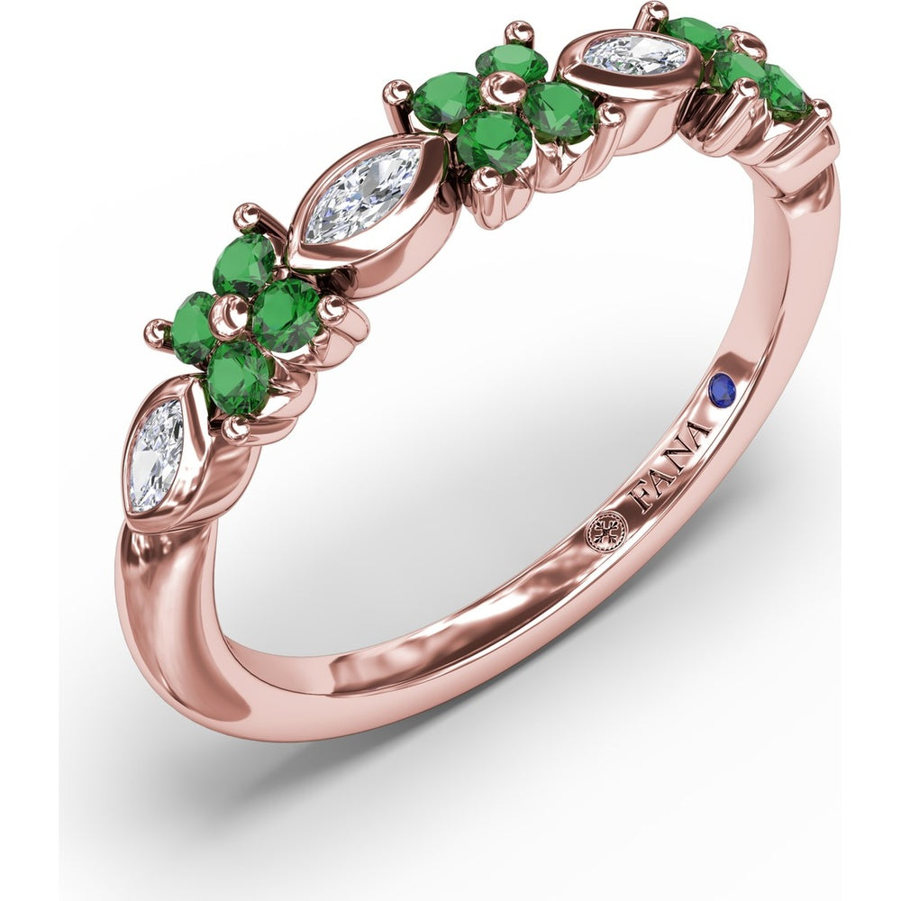 Floral Ring with Round Emeralds and Bezel-Set Marquise Diamonds by Fana - 0.34 Carat Total Diamond Weight