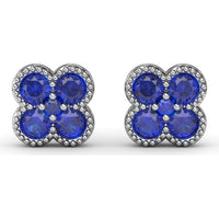 Floral Stud Earrings with Milgrain Detail and Round Sapphires by Fana - 1.08 Carat Total Sapphire Weight