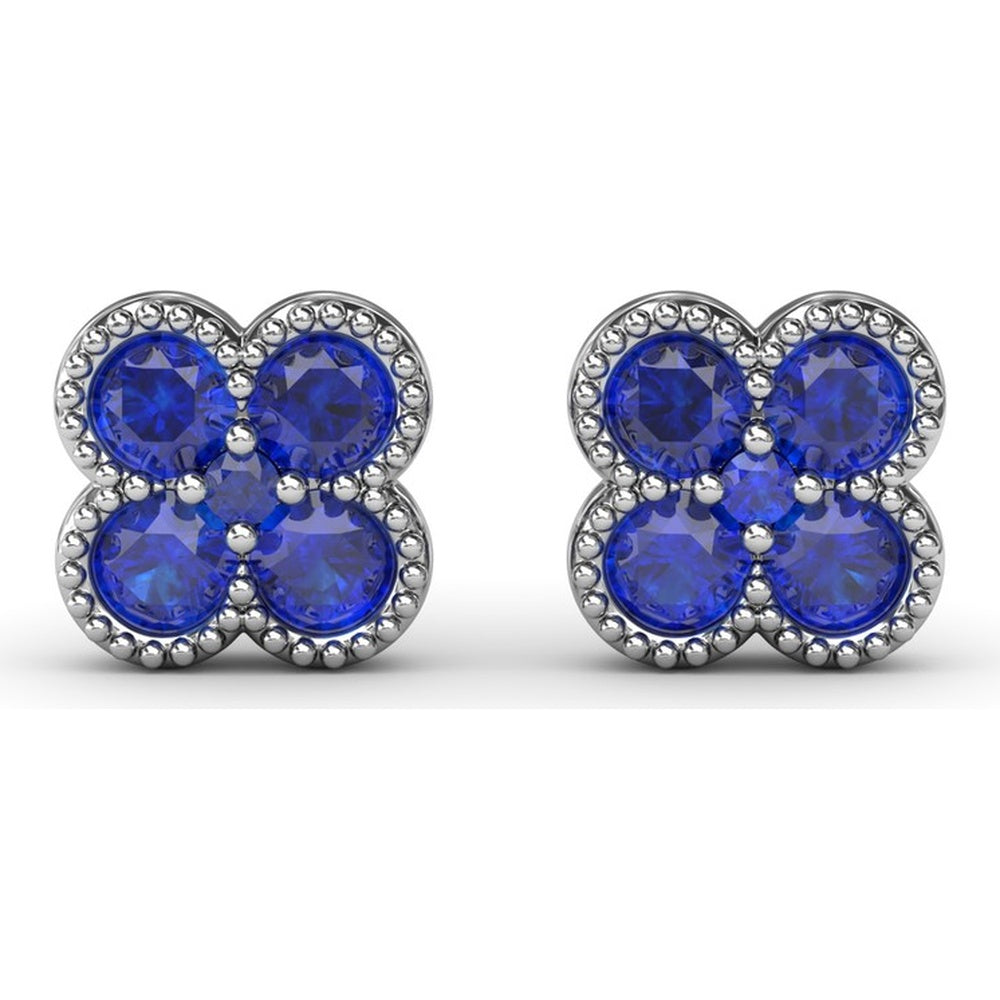 Floral Stud Earrings with Milgrain Detail and Round Sapphires by Fana - 1.08 Carat Total Sapphire Weight