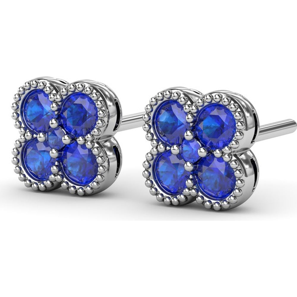 Floral Stud Earrings with Milgrain Detail and Round Sapphires by Fana - 1.08 Carat Total Sapphire Weight