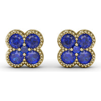 Floral Stud Earrings with Milgrain Detail and Round Sapphires by Fana - 1.08 Carat Total Sapphire Weight