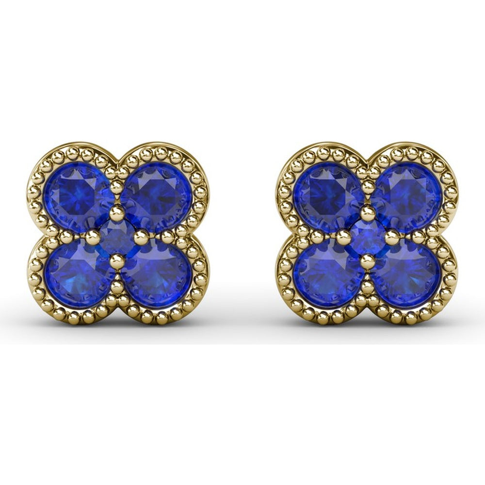 Floral Stud Earrings with Milgrain Detail and Round Sapphires by Fana - 1.08 Carat Total Sapphire Weight