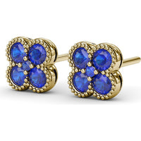 Floral Stud Earrings with Milgrain Detail and Round Sapphires by Fana - 1.08 Carat Total Sapphire Weight