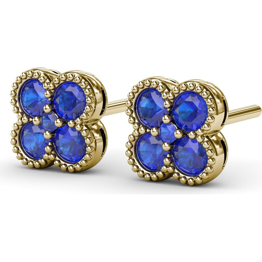 Floral Stud Earrings with Milgrain Detail and Round Sapphires by Fana - 1.08 Carat Total Sapphire Weight