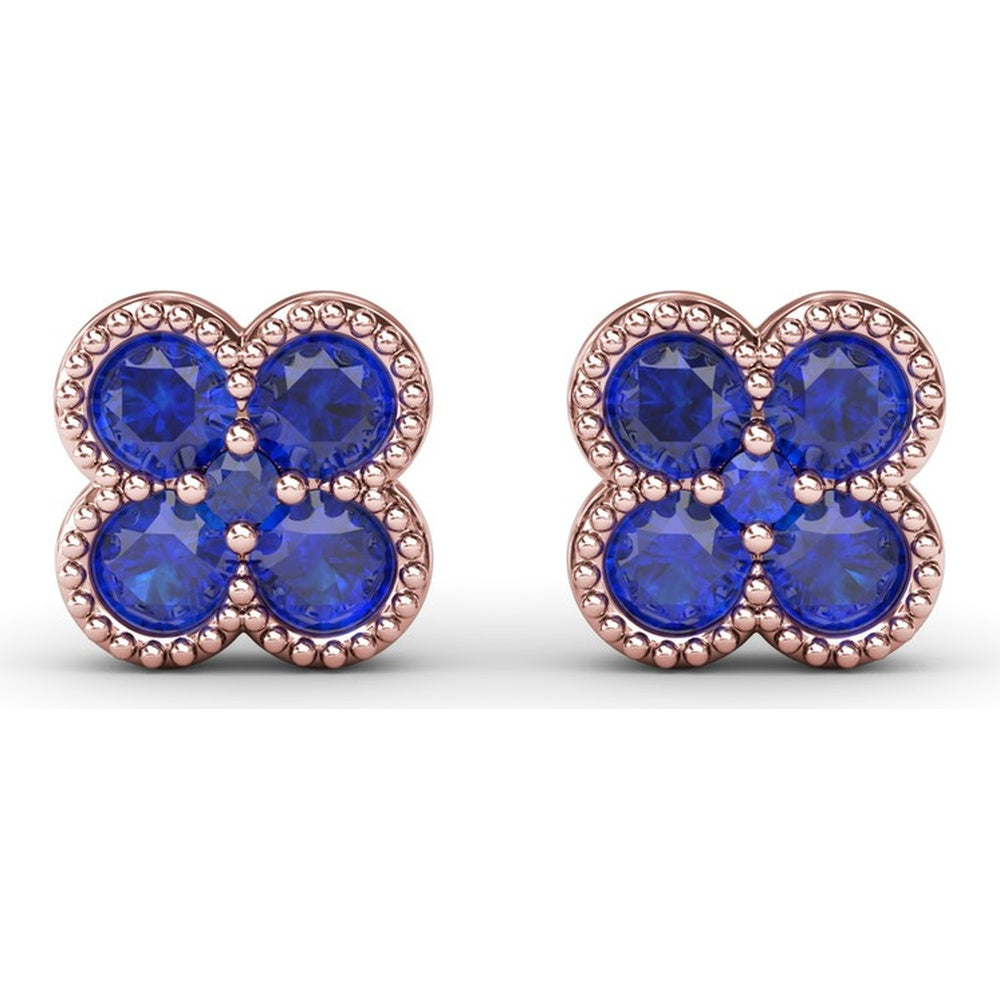 Floral Stud Earrings with Milgrain Detail and Round Sapphires by Fana - 1.08 Carat Total Sapphire Weight