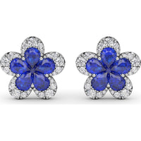 Floral Stud Earrings with Pear Sapphires and Pavé Diamond Halo by Fana - 2.57 Carat Total Gemstone Weight