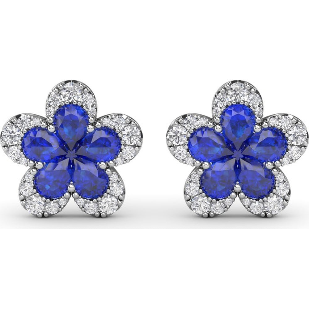 Floral Stud Earrings with Pear Sapphires and Pavé Diamond Halo by Fana - 2.57 Carat Total Gemstone Weight