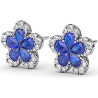 Floral Stud Earrings with Pear Sapphires and Pavé Diamond Halo by Fana - 2.57 Carat Total Gemstone Weight
