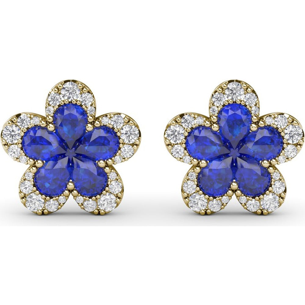 Floral Stud Earrings with Pear Sapphires and Pavé Diamond Halo by Fana - 2.57 Carat Total Gemstone Weight