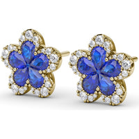 Floral Stud Earrings with Pear Sapphires and Pavé Diamond Halo by Fana - 2.57 Carat Total Gemstone Weight