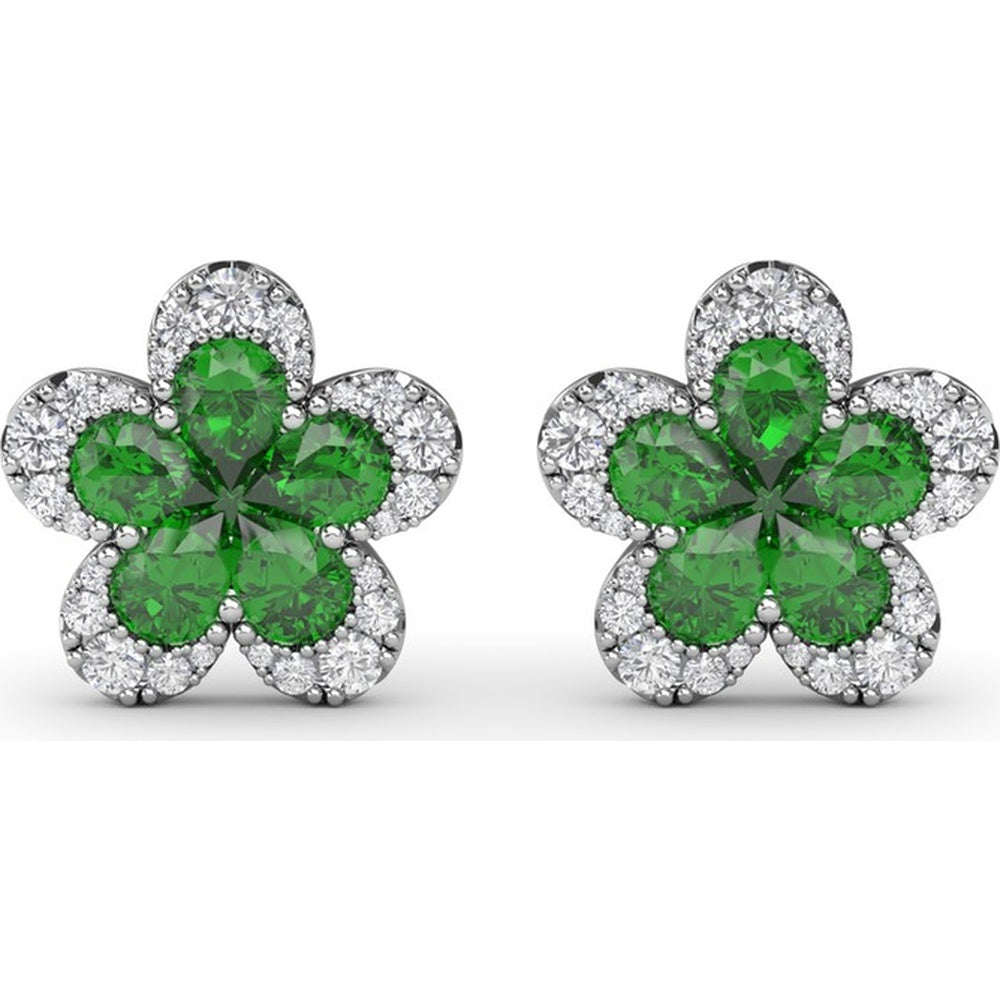 Floral Stud Earrings with Pear-Shaped Emeralds and Graduated Diamond Halo by Fana - 2.06 Carat Total Gemstone Weight