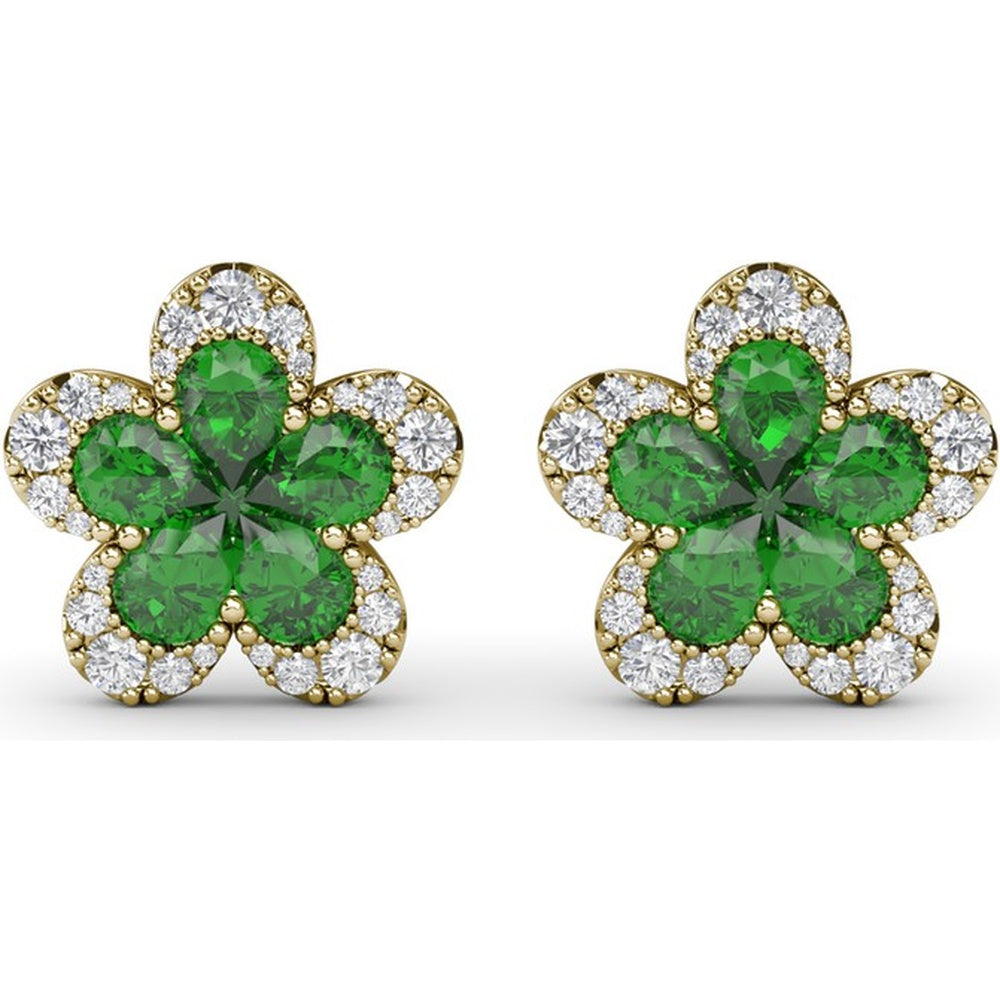 Floral Stud Earrings with Pear-Shaped Emeralds and Graduated Diamond Halo by Fana - 2.06 Carat Total Gemstone Weight