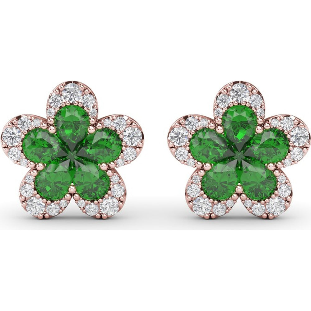 Floral Stud Earrings with Pear-Shaped Emeralds and Graduated Diamond Halo by Fana - 2.06 Carat Total Gemstone Weight