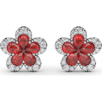 Floral Stud Earrings with Pear-Shaped Rubies and Diamond Halo by Fana - 2.57 Carat Total Gemstone Weight