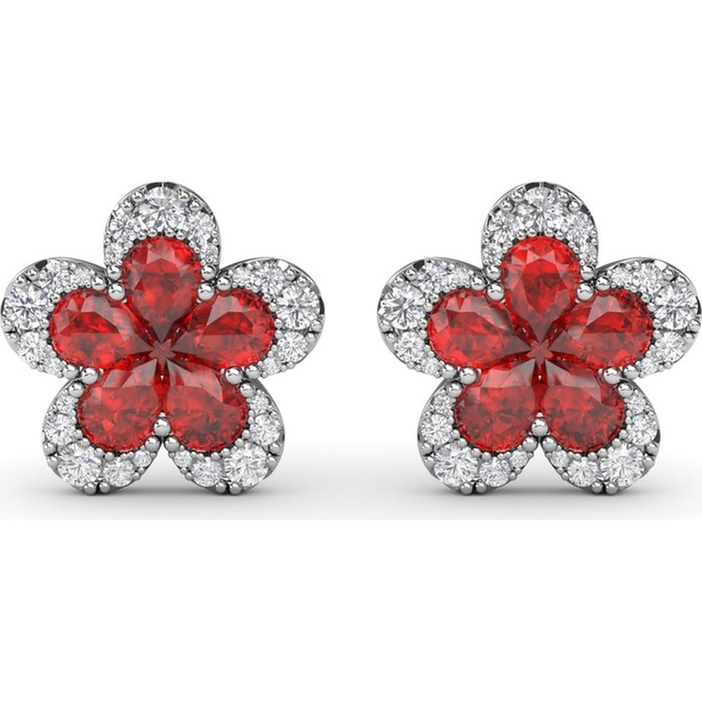 Floral Stud Earrings with Pear-Shaped Rubies and Diamond Halo by Fana - 2.57 Carat Total Gemstone Weight