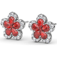 Floral Stud Earrings with Pear-Shaped Rubies and Diamond Halo by Fana - 2.57 Carat Total Gemstone Weight