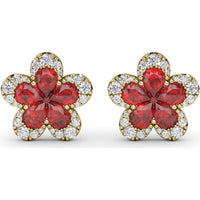 Floral Stud Earrings with Pear-Shaped Rubies and Diamond Halo by Fana - 2.57 Carat Total Gemstone Weight