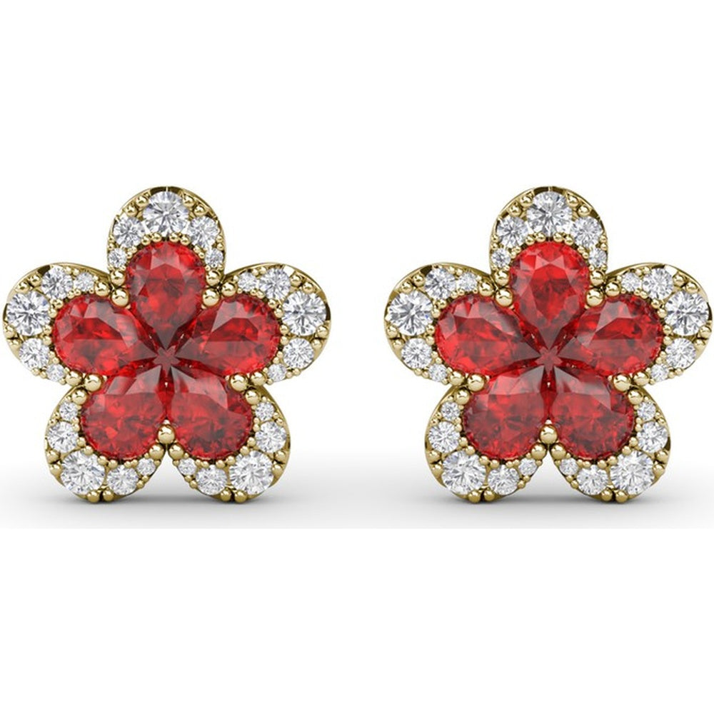 Floral Stud Earrings with Pear-Shaped Rubies and Diamond Halo by Fana - 2.57 Carat Total Gemstone Weight