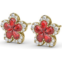 Floral Stud Earrings with Pear-Shaped Rubies and Diamond Halo by Fana - 2.57 Carat Total Gemstone Weight