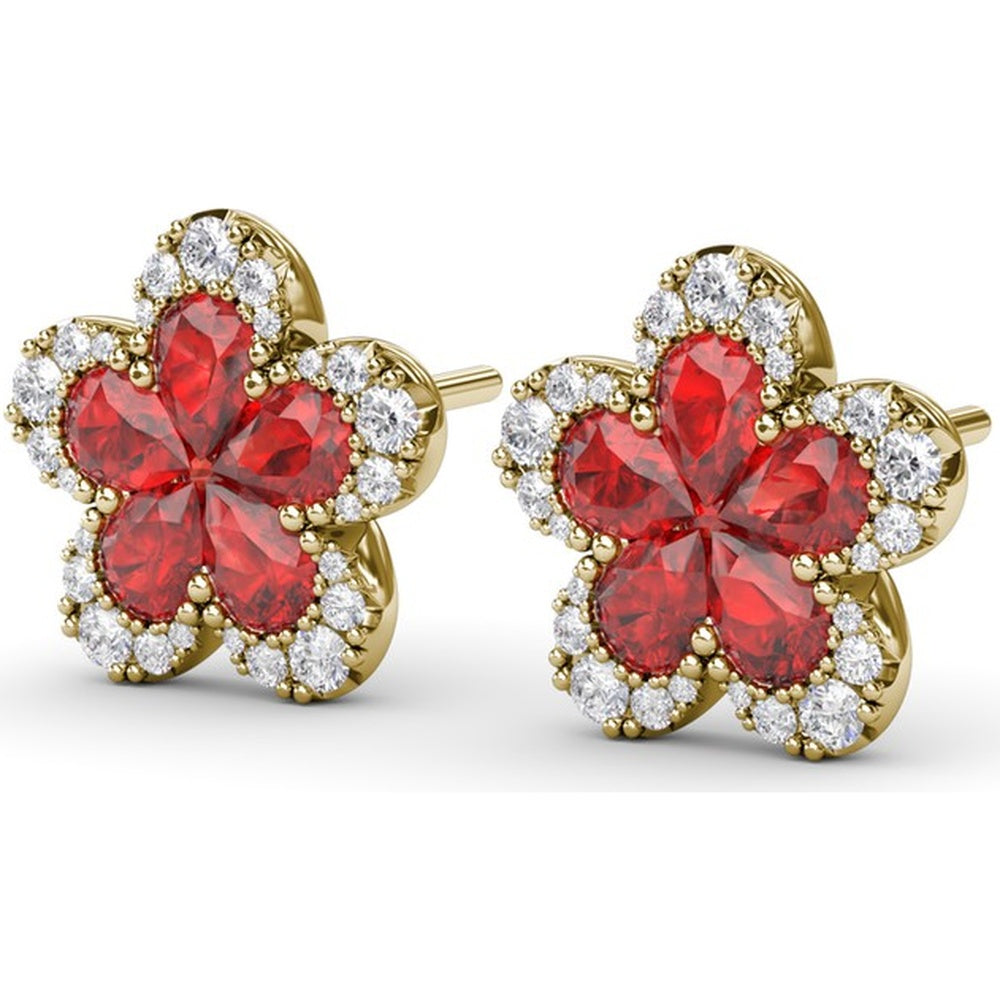 Floral Stud Earrings with Pear-Shaped Rubies and Diamond Halo by Fana - 2.57 Carat Total Gemstone Weight