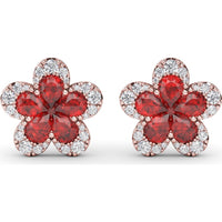 Floral Stud Earrings with Pear-Shaped Rubies and Diamond Halo by Fana - 2.57 Carat Total Gemstone Weight