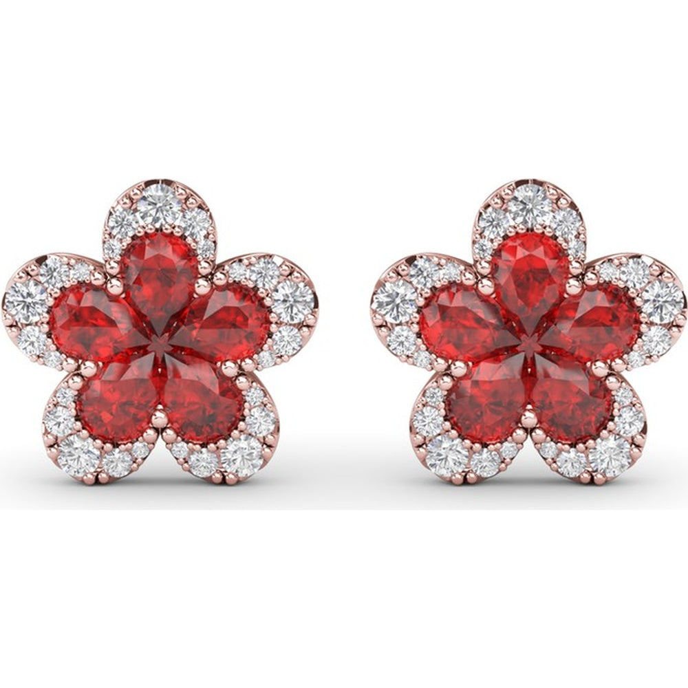 Floral Stud Earrings with Pear-Shaped Rubies and Diamond Halo by Fana - 2.57 Carat Total Gemstone Weight