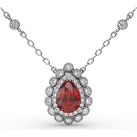 Floral Teardrop Ruby Pendant with Diamond Halo and Diamond Station Chain by Fana - 1.08 Carat Total Gemstone Weight